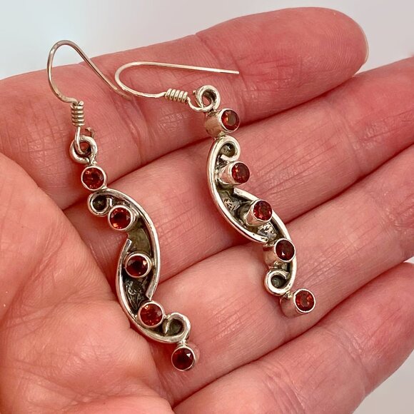 Garnet Earrings, Sterling Silver, Vintage, Red Stone, 2" Long, Modern - Picture 2 of 4